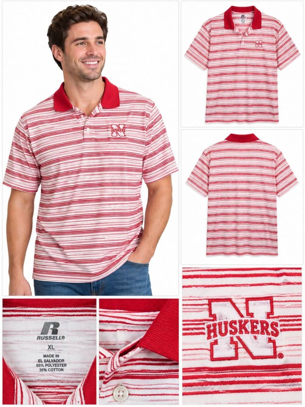 Nebraska Huskers Striped Polo Shirt Red White XL